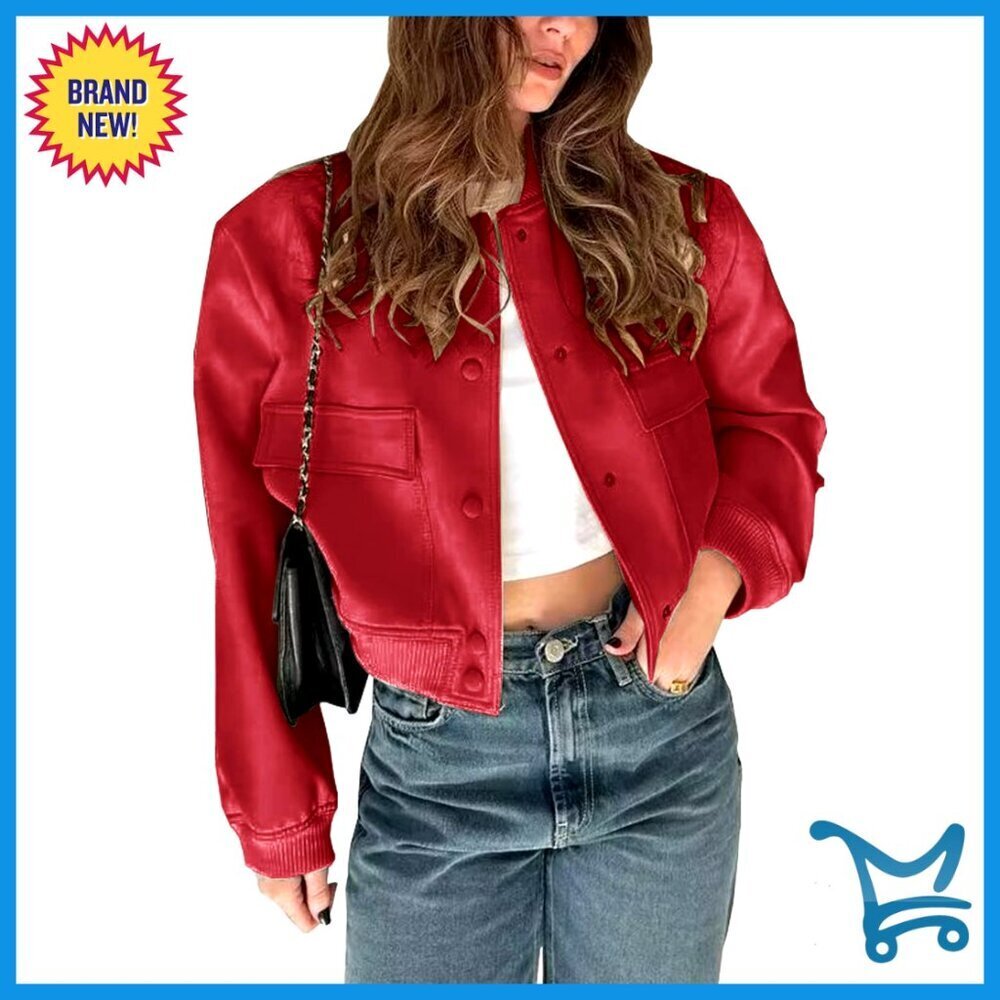 Cropped Bomber Jacket with Button Down Closure and Side Pockets
